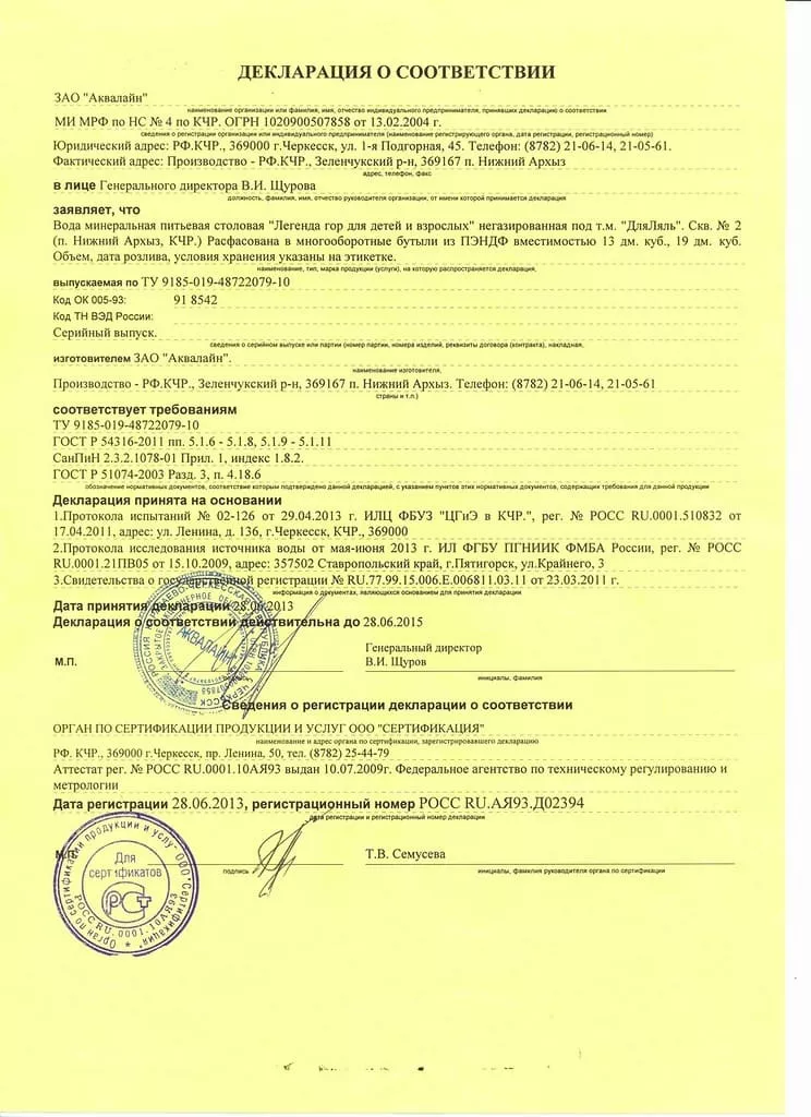 Декларация о соответствии питьевой воды ДляЛяль
